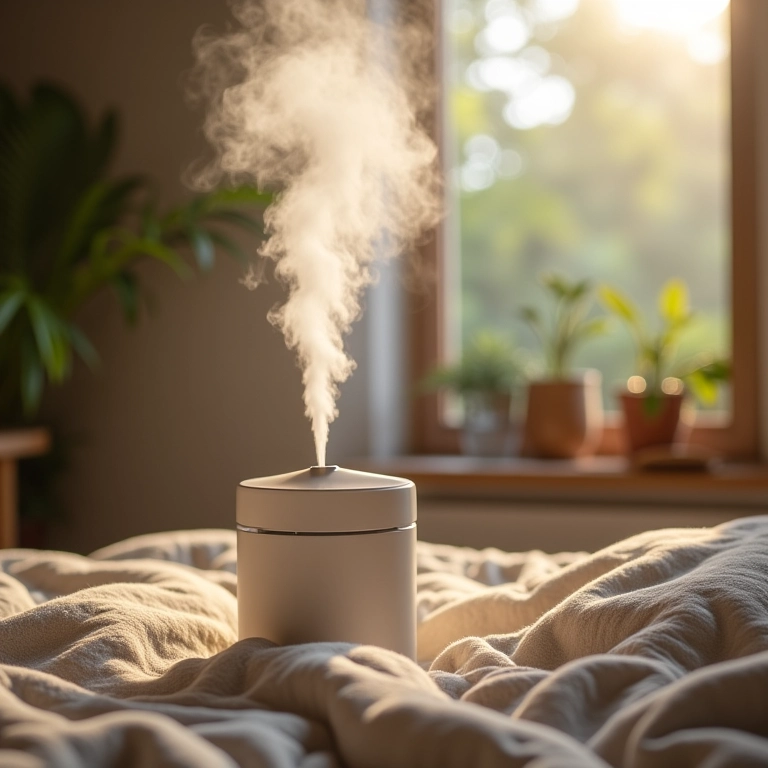 Umidificador liberando vapor em quarto decorado em estilo brasileiro.