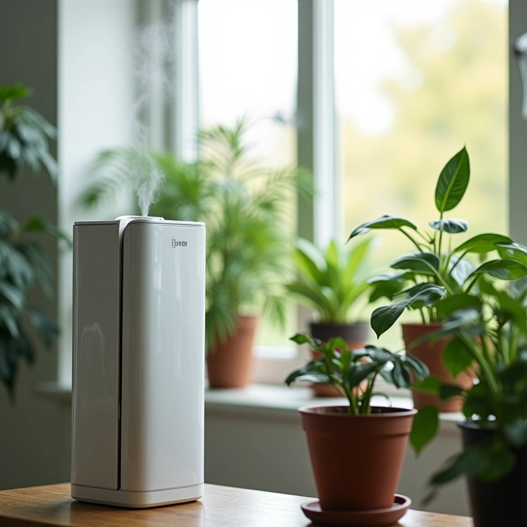 Umidificador moderno emitindo névoa perto de um grupo de plantas internas.