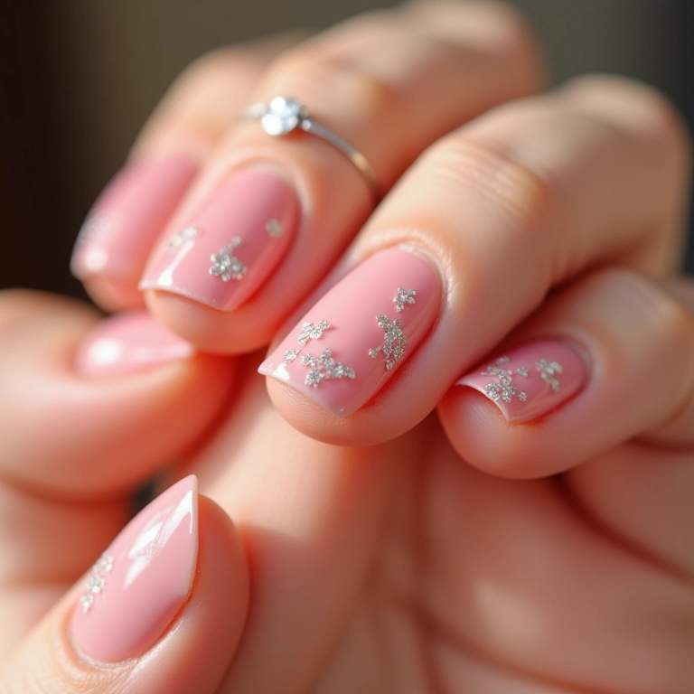 Unhas baby color com detalhes em glitter brilhante.