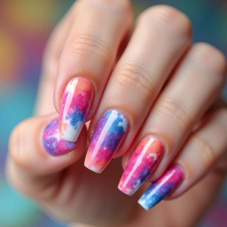 Unhas baby color com efeito tie-dye divertido.