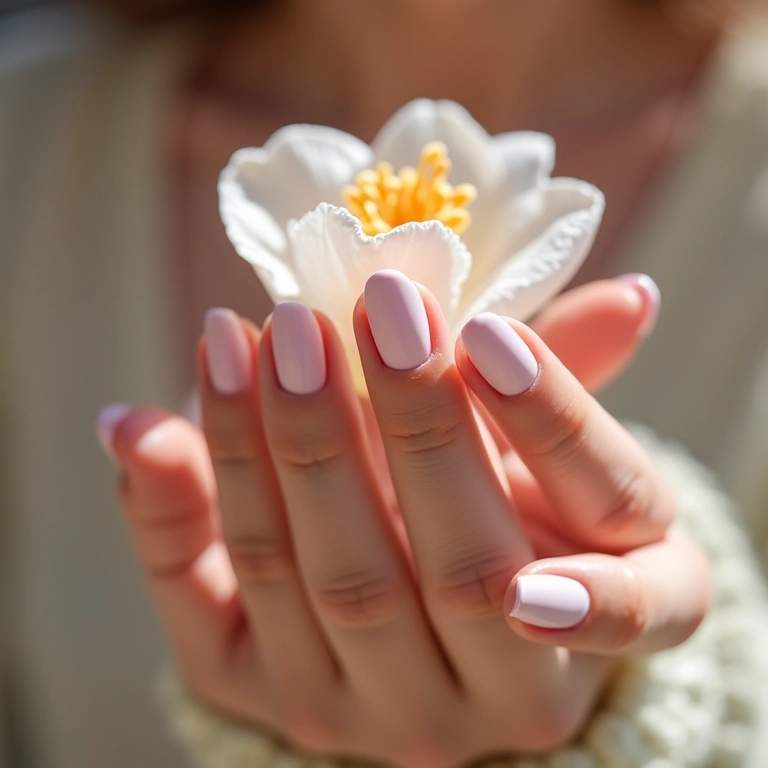 Unhas baby color em tons pastel com flor delicada.