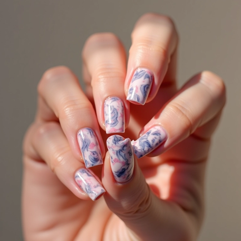 Unhas baby color marmorizadas com efeito elegante.