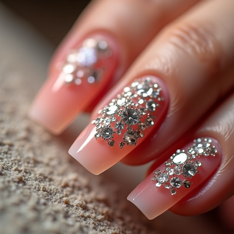 Unhas decoradas com strass e cristais brilhantes.