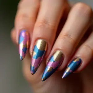 Unhas stiletto com design moderno e vibrante, estilo brasileiro.