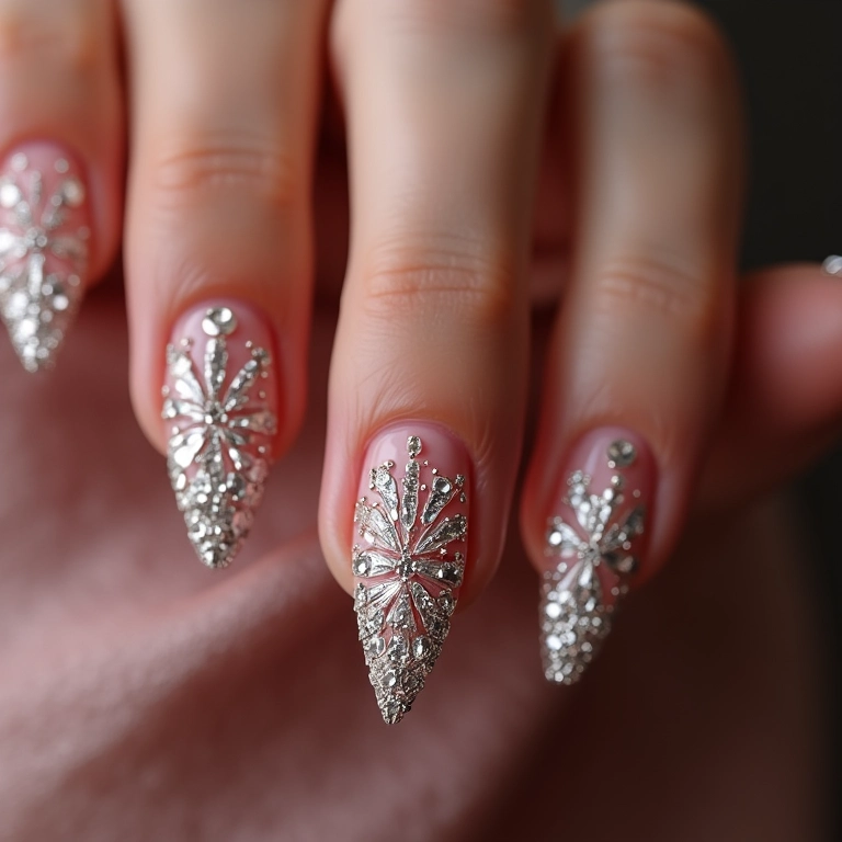 Unhas stiletto com pedrarias, sofisticação em cada detalhe.