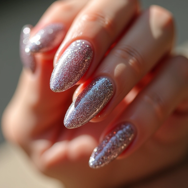 Unhas stiletto decoradas com glitter, brilho e glamour.