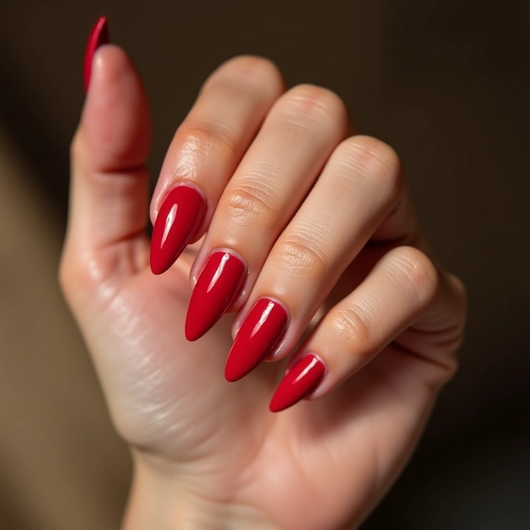 Unhas stiletto vermelhas, clássico e poderoso.
