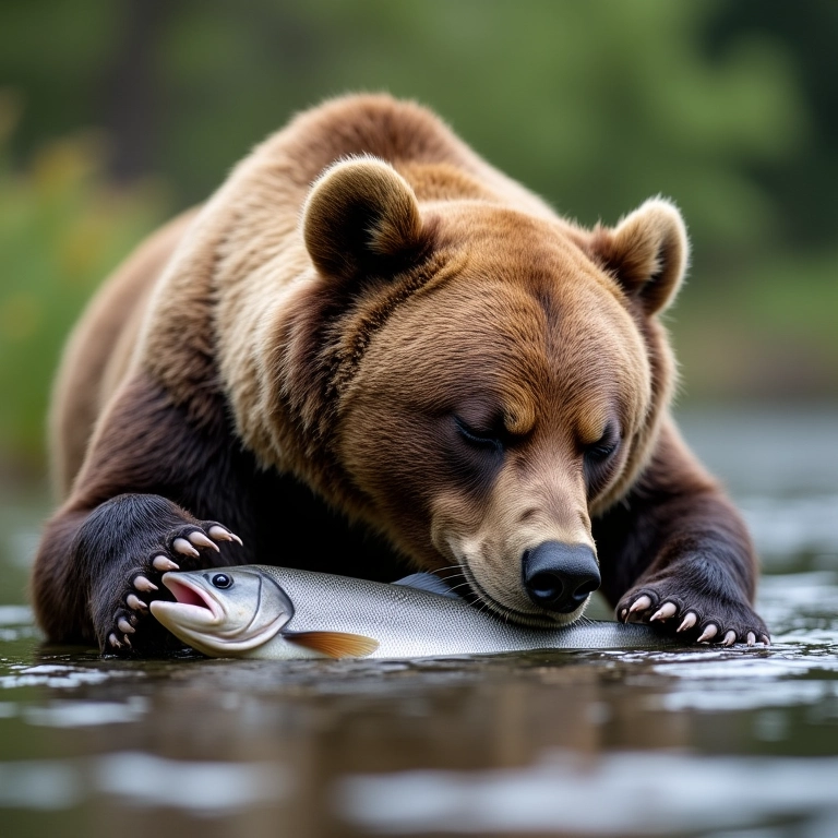 Urso dormindo após comer peixe.