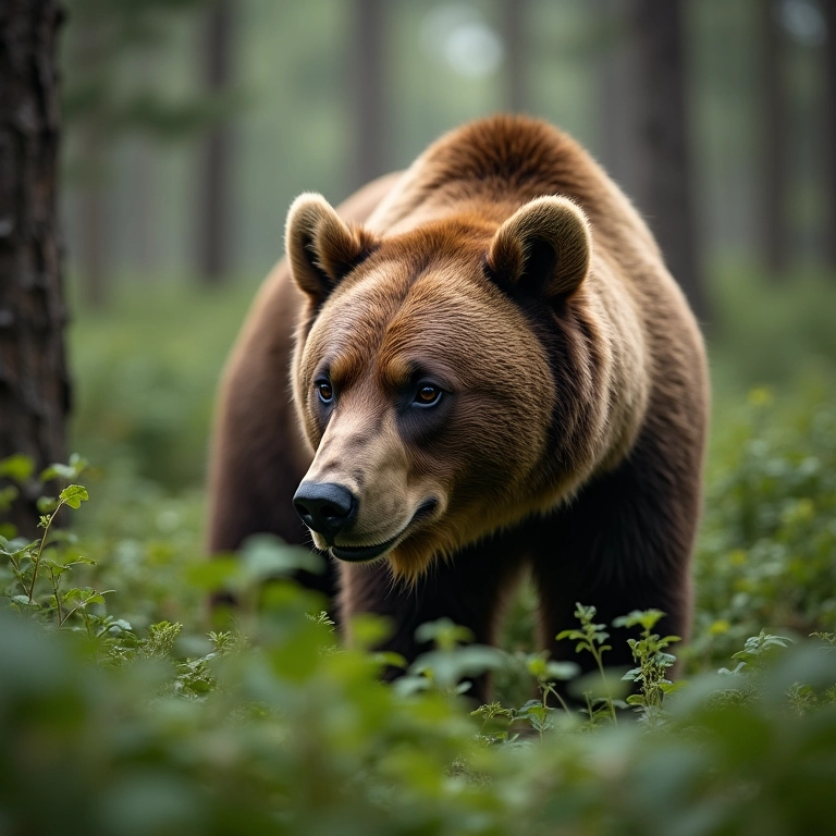 Urso marrom usando o olfato para encontrar comida na floresta.