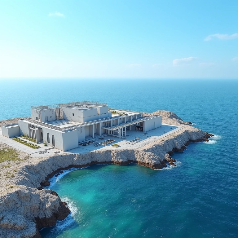 Usina de dessalinização na costa, fornecendo água potável.