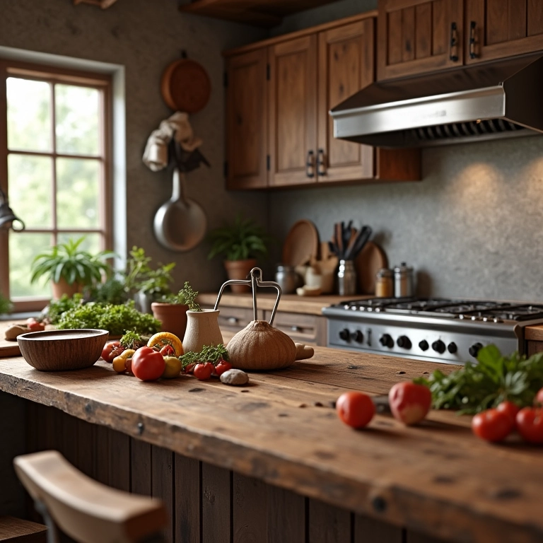 Utensílios Tramontina em cozinha de rancho: aço inoxidável e madeira rústica, combinando funcionalidade e estilo.