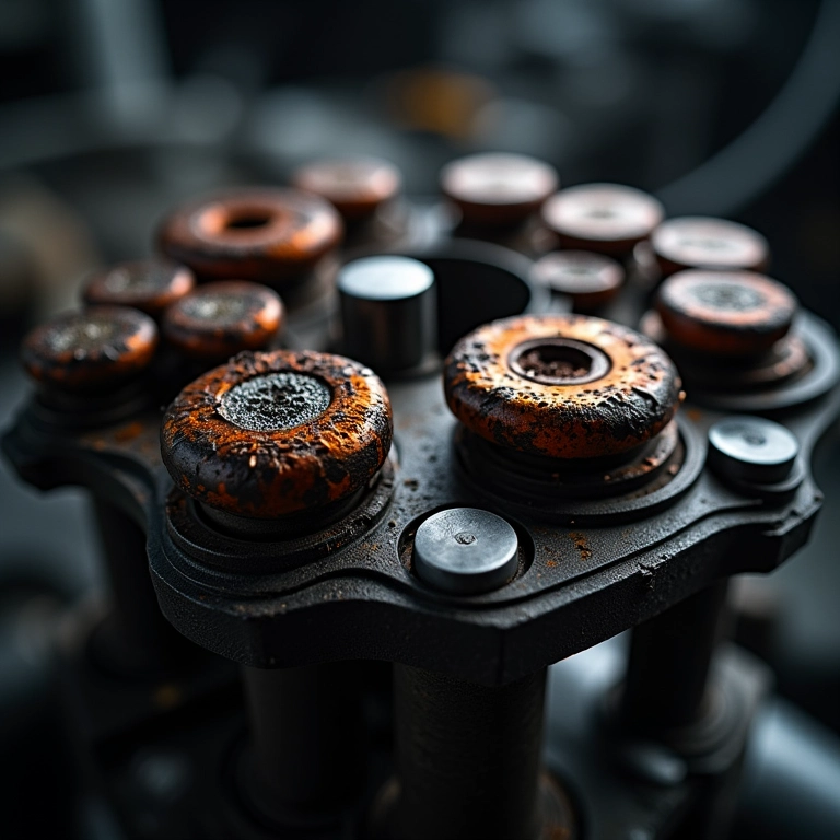 Válvulas de motor danificadas em close-up.