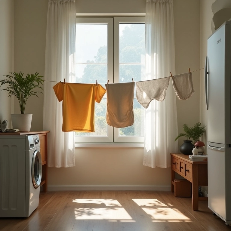 Varal inteligente otimizando o espaço em uma lavanderia pequena.