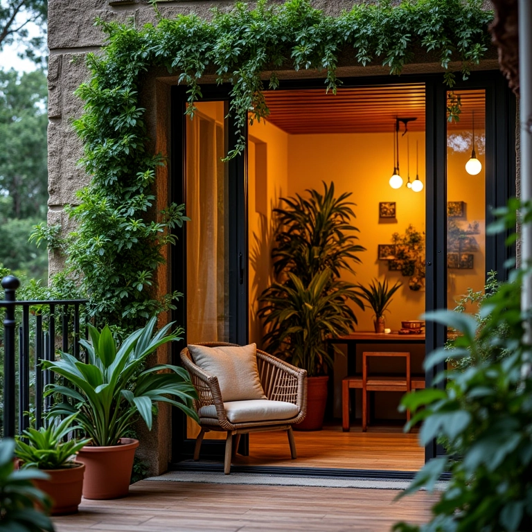 Varanda aconchegante com jardim vertical, beleza e tranquilidade.