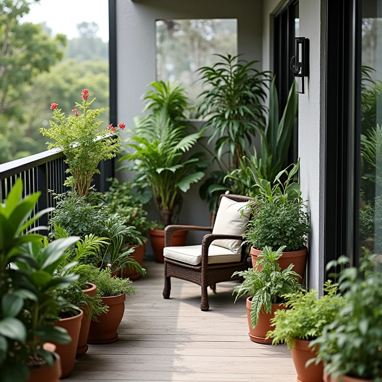 Varanda com horta em vasos de cimento e decoração em estilo industrial.