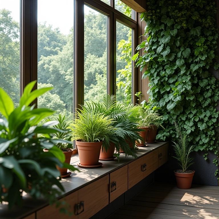 Varanda com plantas, jardim vertical, luz natural e assentos ao ar livre.