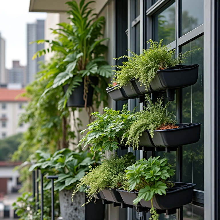 Varanda de apartamento com estrutura modular de jardim vertical e diversos vasos.