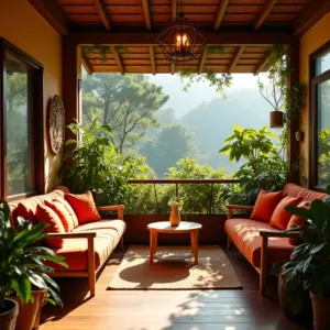 Decoração De Varanda Gourmet Crie Um Espaço Delicioso Varanda gourmet aconchegante com decoração vibrante e iluminação natural.