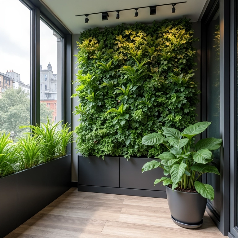 Varanda gourmet com jardim vertical que oferece conforto térmico.