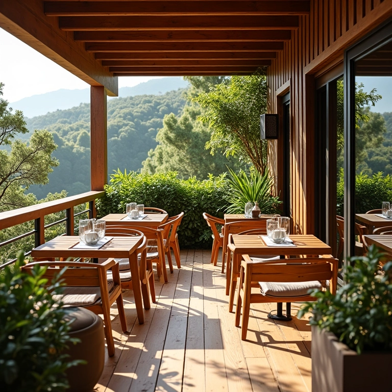 Varanda gourmet com móveis de madeira e design brasileiro.