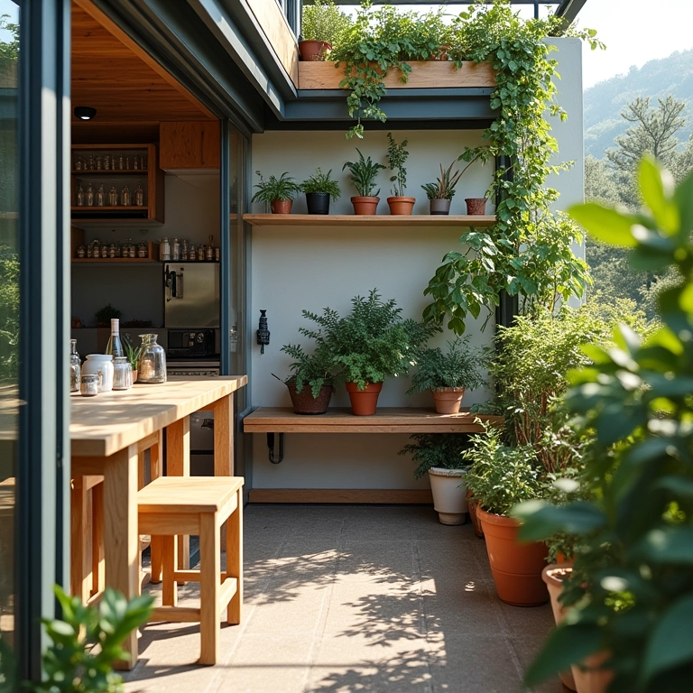 Varanda gourmet pequena com espaço otimizado e móveis multifuncionais.