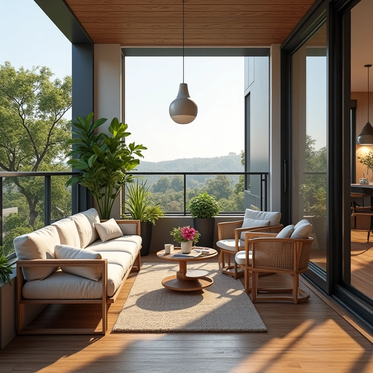 Varanda gourmet pequena com móveis planejados e design moderno.