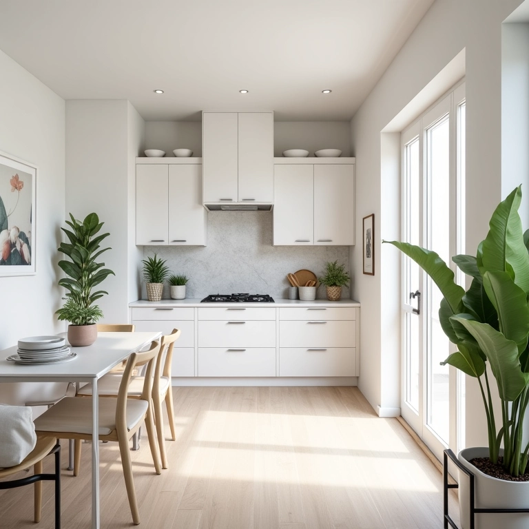 Varanda gourmet pequena com paredes brancas e móveis claros.