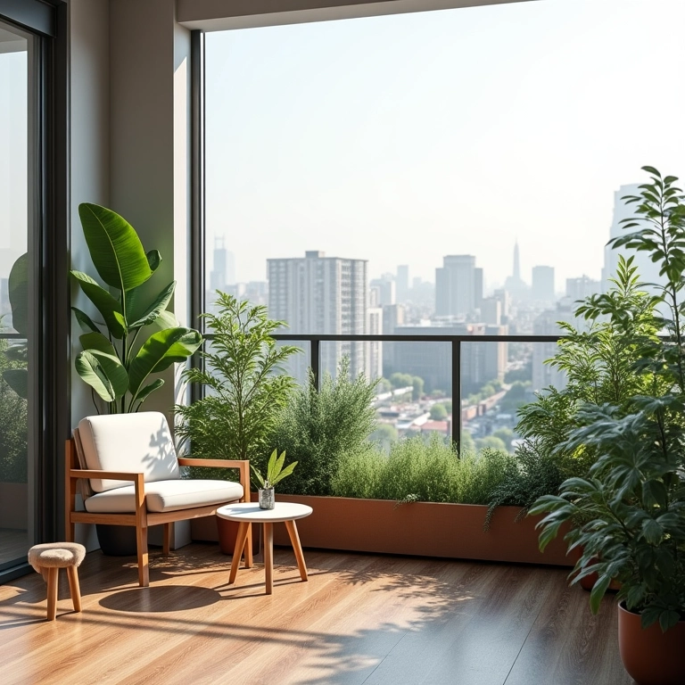 Varanda minimalista com plantas e móveis simples.