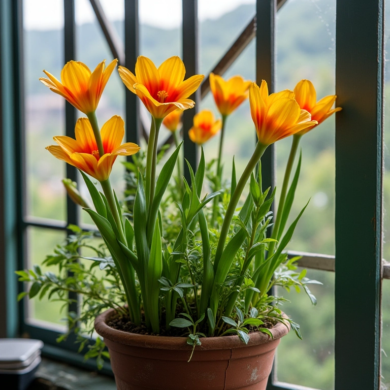 Varanda pequena com jardim vertical de flores de maio vibrantes, estilo brasileiro.