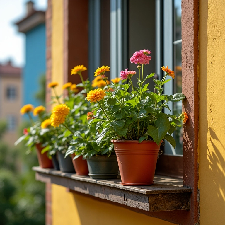 Varanda pequena com vasos suspensos e flores coloridas, decoração estilo brasileiro.