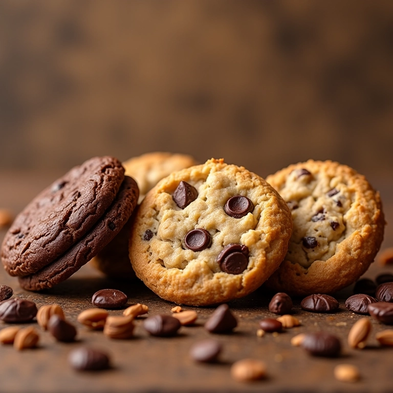 Variações criativas de cookies: chocolate duplo, manteiga de amendoim, aveia e passas.