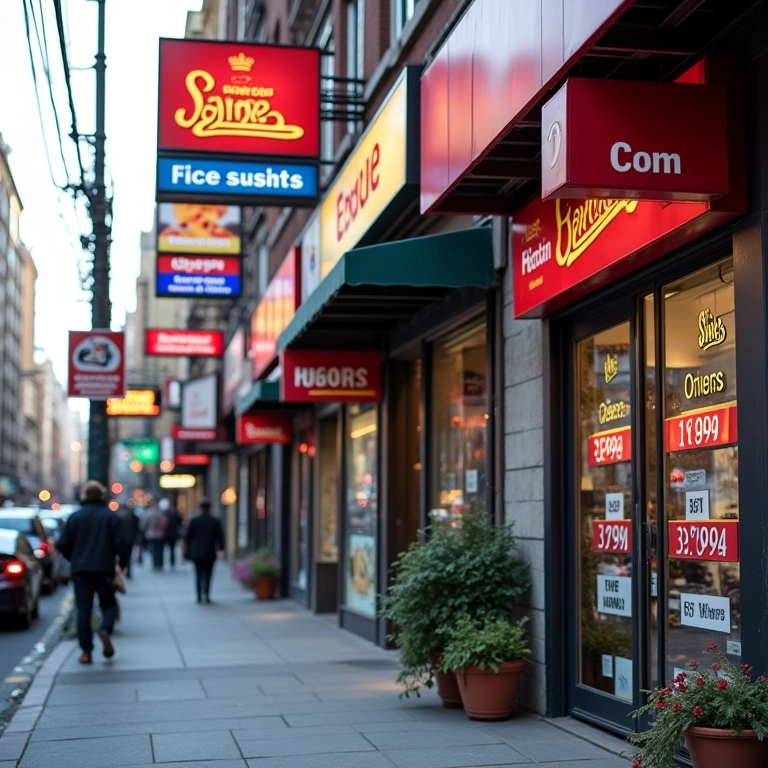 Várias lojas com placas de preços competindo em rua movimentada.