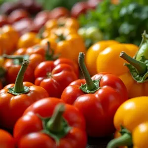 Variedade de alimentos geneticamente modificados em close-up.