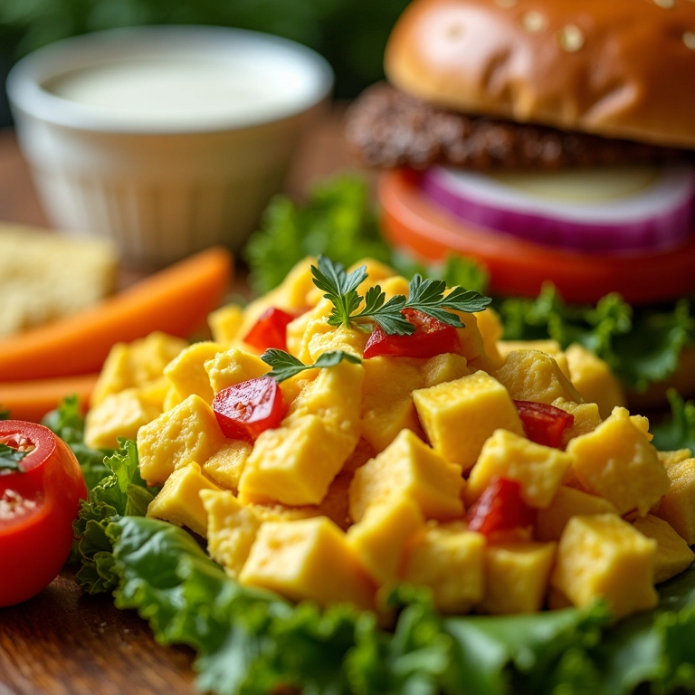 Variedade de alimentos veganos: legumes, tofu, leite vegetal e hambúrguer vegano.