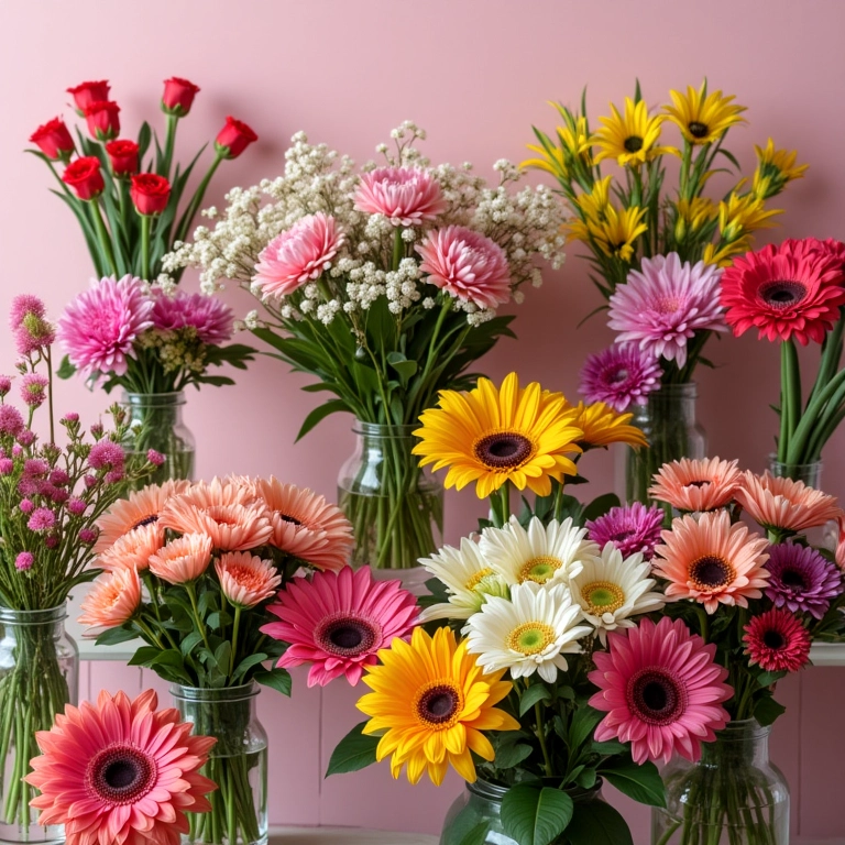 Variedade de arranjos e buquês coloridos exibidos no site da floricultura.