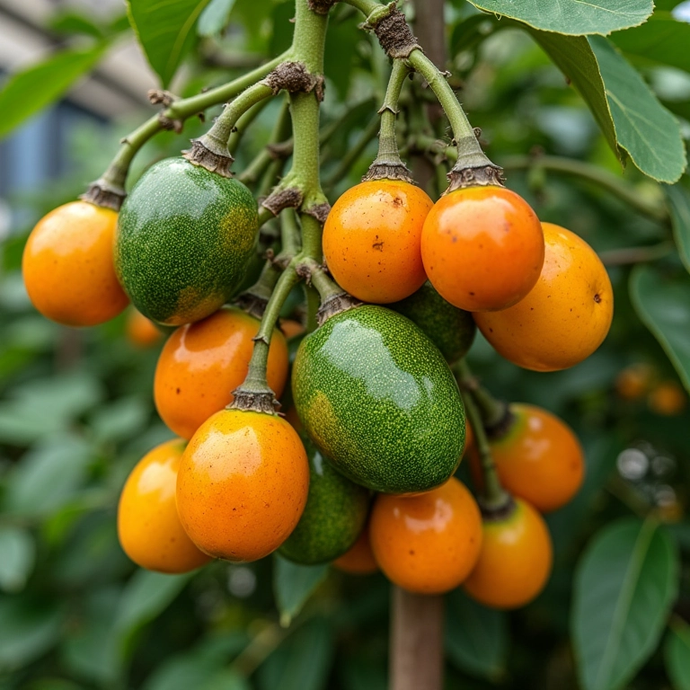 Variedade de árvores frutíferas enxertadas em jardim brasileiro.