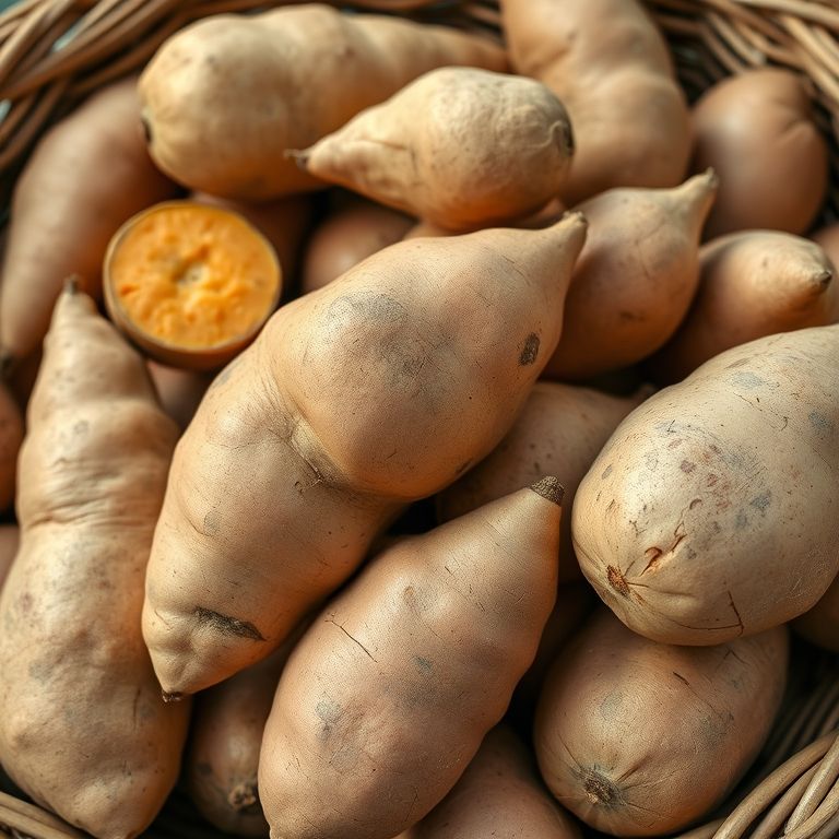 Variedade de batatas doces em cesta.