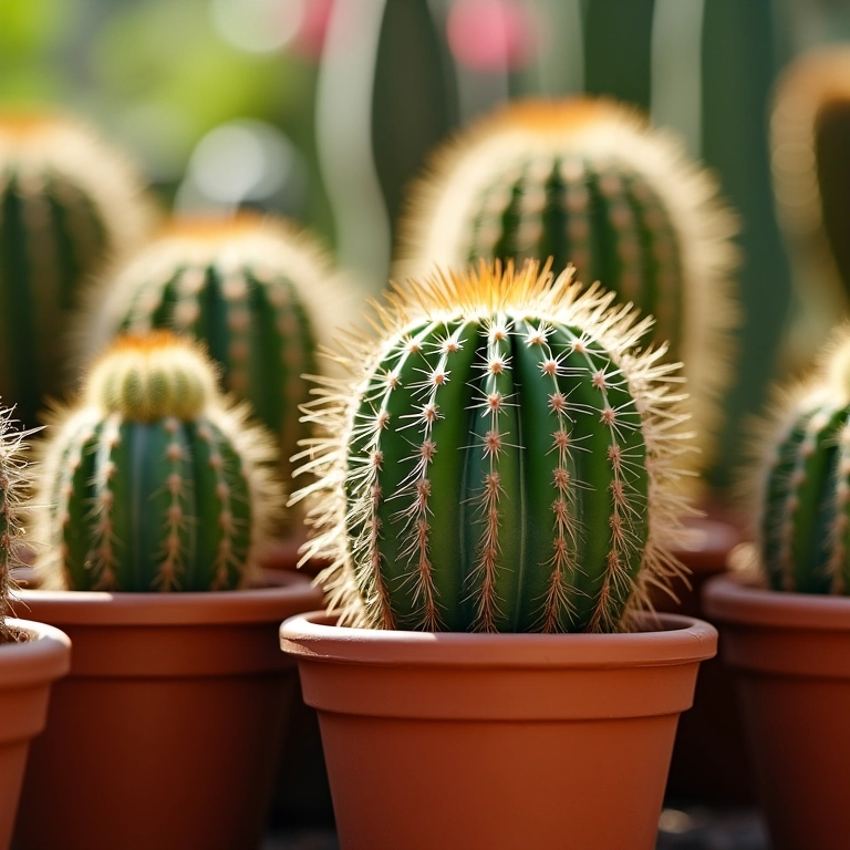 Variedade de cactos em vasos de terracota sob a luz do sol.