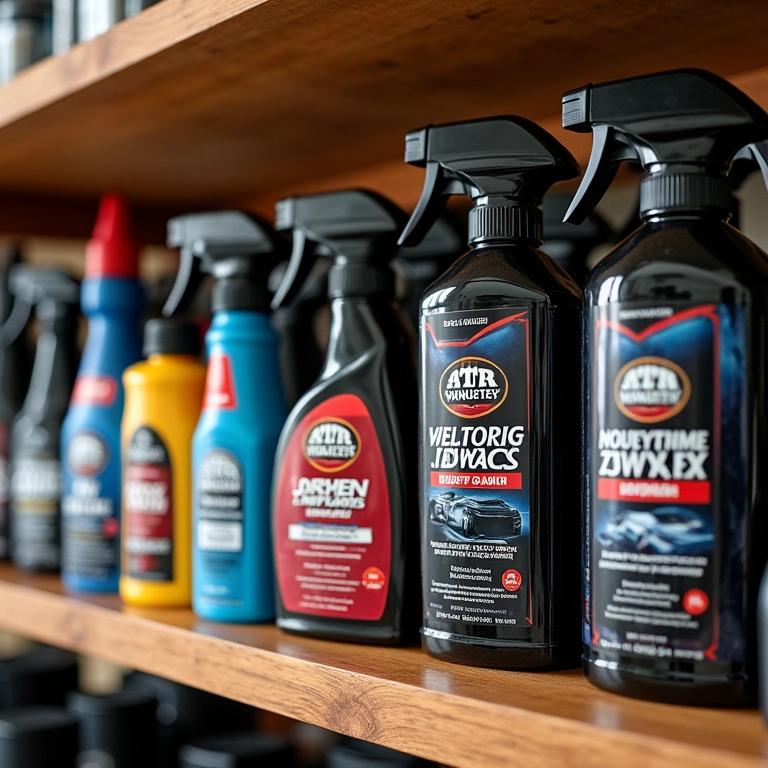 Variedade de ceras automotivas em prateleira de loja de detalhes automotivos.