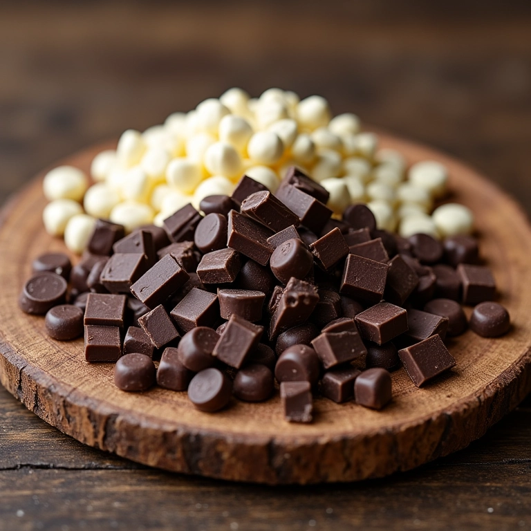 Variedade de chocolates em uma tábua de madeira rústica.