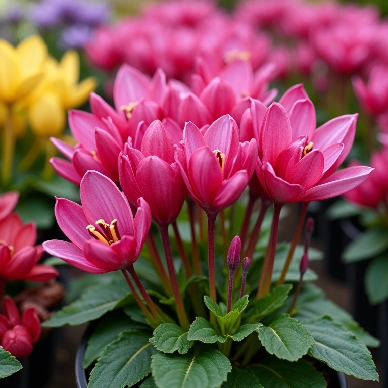 Variedade de ciclames vibrantes em um viveiro.