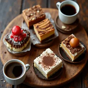 Variedade de doces com café em mesa rústica, estilo Farm Rio.