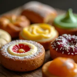 Variedade de doces de padaria brasileiros em uma mesa de madeira.
