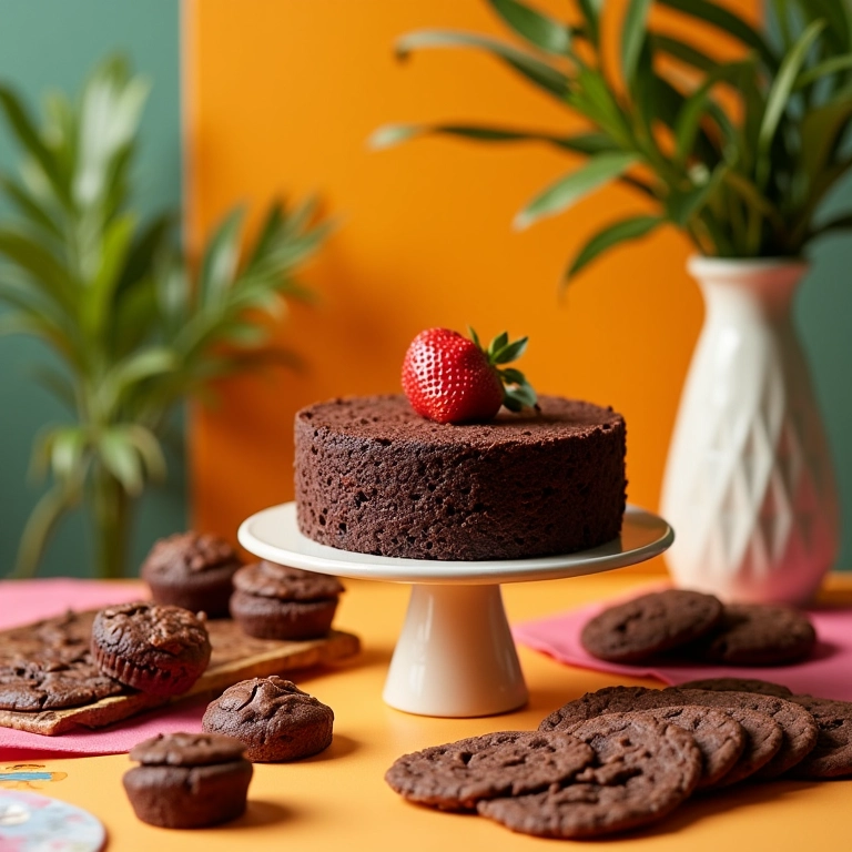 Variedade de doces e sobremesas veganas irresistíveis em mesa colorida.