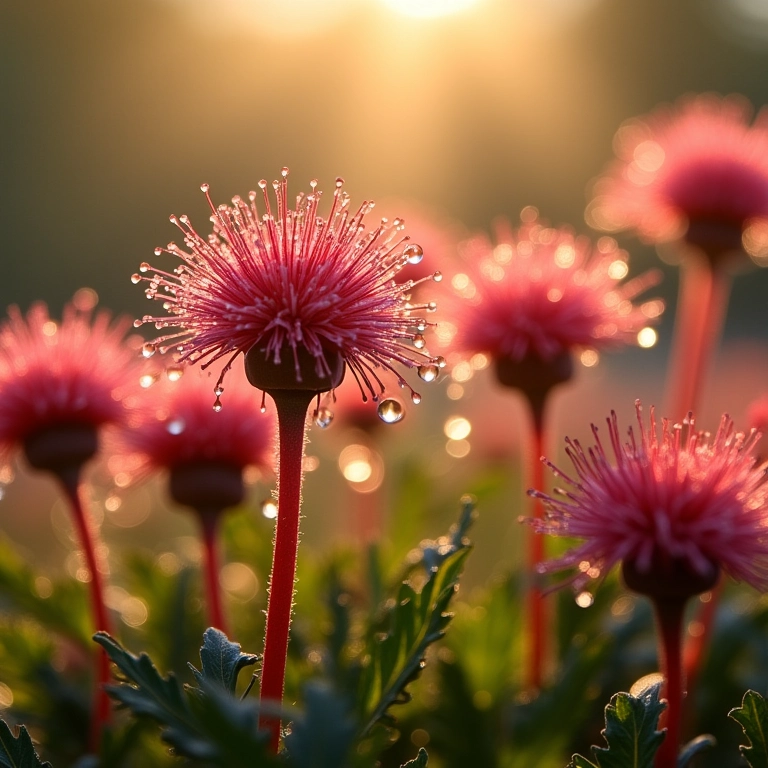 Variedade de Drosera (Sundews) brilhando com gotas de orvalho.