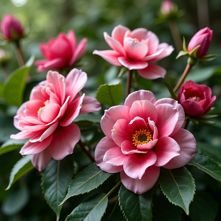 Variedade de espécies e híbridos de camélias em um jardim brasileiro.