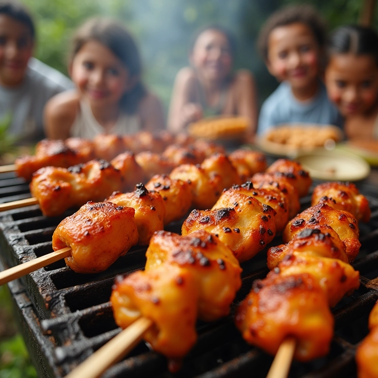Variedade de espetinhos de frango em um churrasco com amigos.