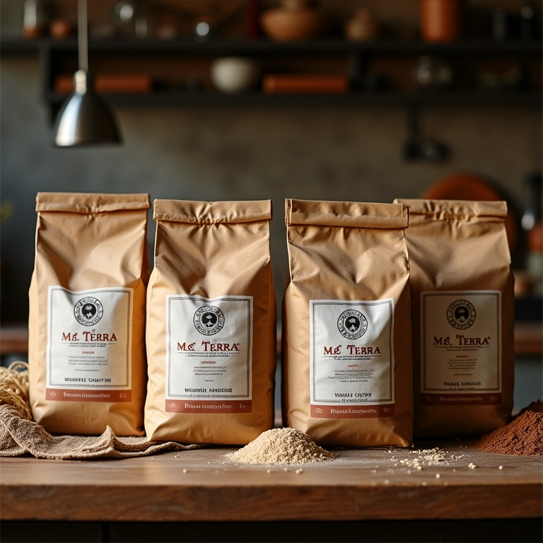 Variedade de farinhas integrais da marca Mãe Terra em sacos.