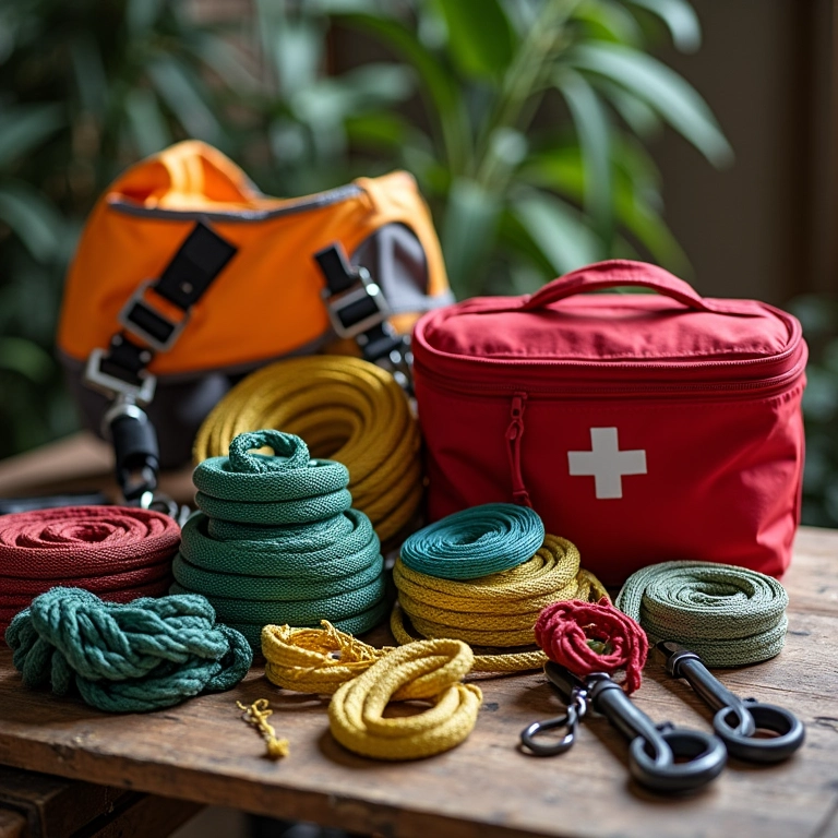 Variedade de ferramentas de poda de árvores, incluindo cordas, cintos e kit de primeiros socorros.