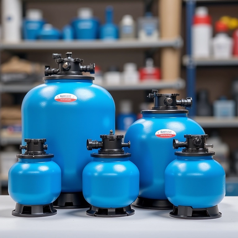 Variedade de filtros para piscina em uma loja de equipamentos.